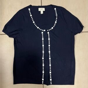 LOFT Dark Blue Short Sleeve Top with White Accents